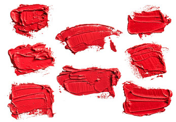 Set of eight textured red oil paint brush stroke, convex with shadows, isolated on white...