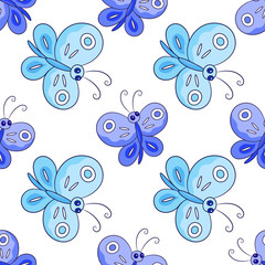 Fototapeta na wymiar seamless pattern with blue butterflies on a white