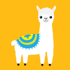 Alpaca llama animal. Cute cartoon funny kawaii character. Fluffy fur. Long hair. Childish baby collection. T-shirt, greeting card, poster template print. Flat design. Yellow background. © worldofvector