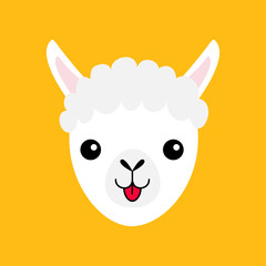 Llama alpaca animal face icon. Cute cartoon funny kawaii character. Fluffy hair fur. Childish baby collection. T-shirt, greeting card, poster template print. Flat design. Yellow background.