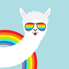 Alpaca llama animal face in rainbow glassess. Cute cartoon funny kawaii character. Fluffy hair fur. T-shirt, greeting card, poster print. Gay symbol collection. Flat design. Blue background. © worldofvector