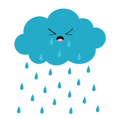 Cute cartoon kawaii crying cloud with rain drops. Sad face emotion. Eyes and mouth. Isolated. White background. Baby character collection. Funny illustration. Flat design.