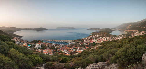 Naklejka na ściany i meble Kas town panoromic view in Turkey. Kas is small freediving, diving, yachting and tourist town in district of Antalya Province, Turkey