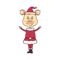 Symbol of new year 2019. Yellow pig in red Santa Claus clothes.
