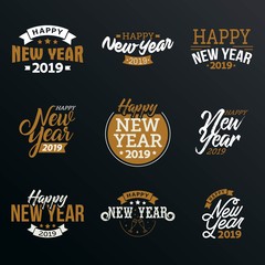 Happy New Year 2019 typographic emblems set.