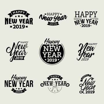 Happy New Year 2019 typographic emblems set.