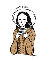 Hand drawn brunette girl in sweater with cup of coffee. Doodle vector illustration isolated on white background. 