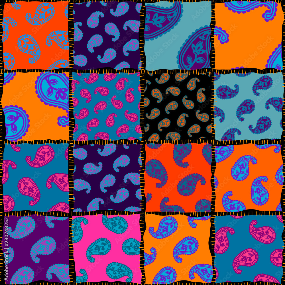 Poster seamless background pattern. patchwork pattern with paisley ornament patterns. bright magenta and or