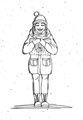 Happy young girl in winter clothes with a gift. Hand drawn vector illustration. New Year theme. Full height.