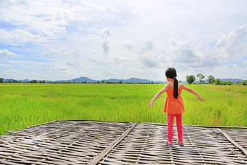 Rear view of little Asian child girl stretch arms and relaxed at the young green paddy fields with mountain and cloud sky.
