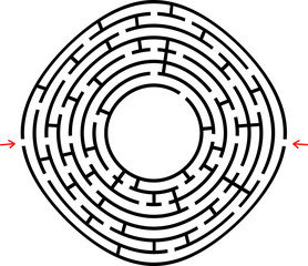 Black round maze with a place for your drawing. An interesting and useful game for children. Simple flat vector illustration isolated on white background.