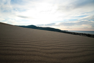 Deserted sandy beach with clean fine sand at sunrise