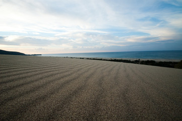 Fototapeta na wymiar Deserted sandy beach with clean fine sand at sunrise