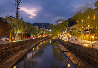Fototapeta na wymiar Trees at Night with Reflection on the Canal, Kinosaki onsen, Japan