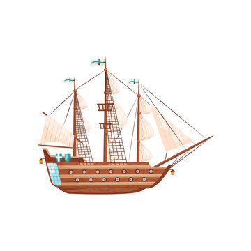Wooden ship with big beige sails, flag with blue crosses and round windows. Medieval marine vessel. Flat vector icon
