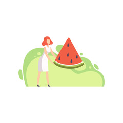 Young woman holding a huge piece of ripe watermelon vector Illustration on a white background