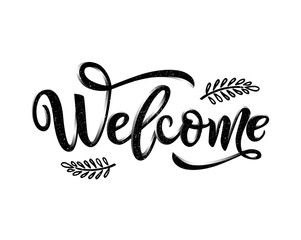 Obraz premium Welcome calligraphy lettering with decorative elements of branches. black color. isolated