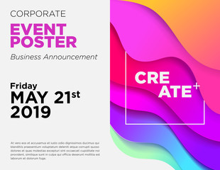 Business Announcement Vector Card. Event Poster Template with Fluid Gradient Shapes. Commercial Advertisement Backdrop. Web Seminar, Business Conference, Webinar Abstract Background. Modern Design.