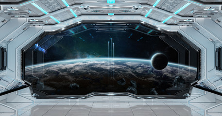 White clean spaceship interior with view on planet Earth 3D rendering