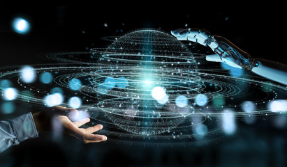 White robot hand using digital sphere connection hologram 3D rendering