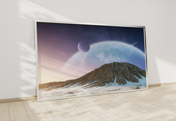 Large horizontal frame leaning on a white wall 3D rendering