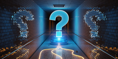 Question marks digital hologram in underground 3D rendering
