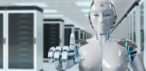 White woman cyborg pointing her finger 3D rendering