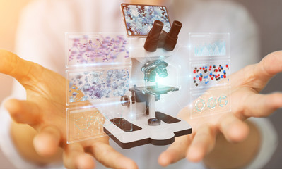 Businesswoman using modern microscope with digital analysis 3D rendering