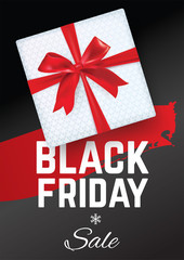 Black friday sale banner. Black Friday. White gift with red realistic bow on the black background. Red blot.
