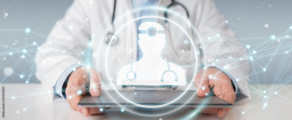 Poster doctor using digital medical futuristic interface 3d rendering
