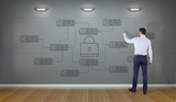 Businessman drawing thin line web security interface on the wall