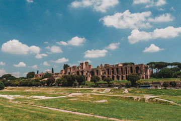 Fototapeta na wymiar View to the Circus Maximus, an ancient Roman chariot racing stadium and mass entertainment venue, on the left the slopes of the Palatine