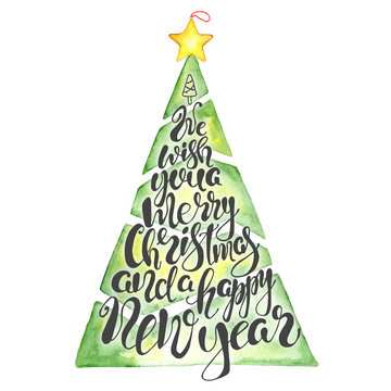 Merry Christmas watercolor card with pine tree and lettering quote. 