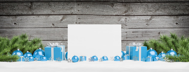 Blank Christmas card laying on blue baubles and gift 3D rendering