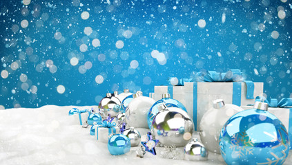 Blue christmas baubles and gifts lined up 3D rendering