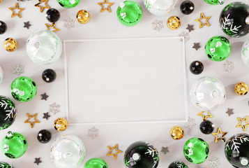 Christmas card mockup with green baubles 3D rendering