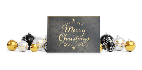 Christmas card greetings laying on golden baubles isolated 3D rendering