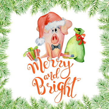 Christmas watercolor card with cute funny pig with lettering quote Merry and Bright