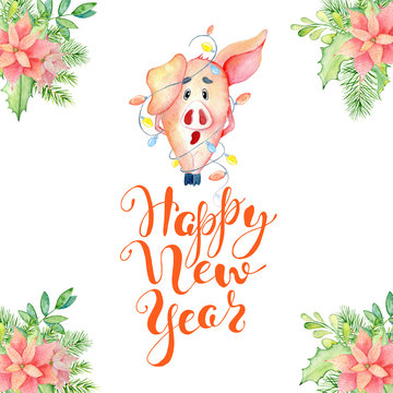 Merry Christmas watercolor card with cute funny pig with garland. Lettering quote Happy New Year