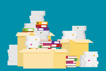 Pile of paper documents and file folders. Bureaucracy, paperwork, office. Vector illustration in flat style