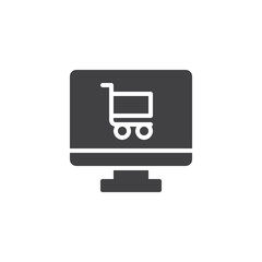 Online shop vector icon. filled flat sign for mobile concept and web design. PC monitor and shopping cart simple solid icon. Symbol, logo illustration. Pixel perfect vector graphics