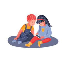 Boy and girl with a smartphone. Dependence on the Internet and cartoons. Vector illustration. Flat style. Smartphone addiction concept.