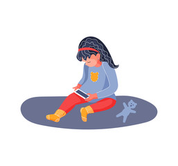 Girl with a smartphone. The boy is watching cartoons. Internet addiction. Vector illustration. Flat style.