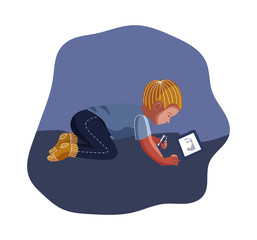 Boy with tablet in the dark. Dependence on the Internet and cartoons. Vector illustration. Flat style. Smartphone addiction concept.