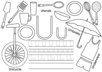 Letter U. English alphabet. Writing practice for children. Kids game. Coloring book. Vector illustration.
