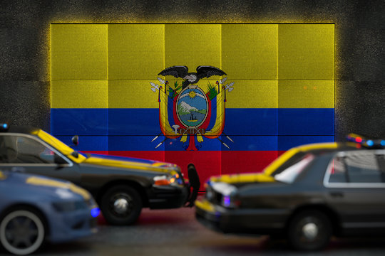 Bright digital display Ecuador flag in city as cars drive past