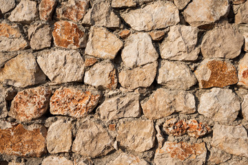 Masonry modern stone wall. Stone cladding wall made of stacked slabs of natural rocks with stripes. Stone panels for exterior facade. Decorative slate stone wall surface pattern