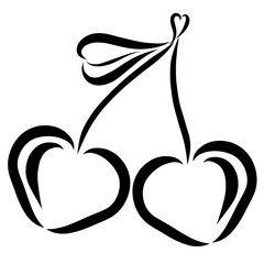 Two heart-shaped cherries, black outline, romantic berry