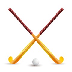 Field hockey. Sports supplies for playing on a white background. Hockey stick and ball. Crossed sticks for hockey. Sports competition on the grass. Vector illustration