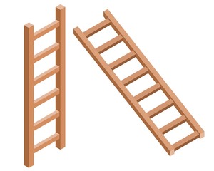 Set of brown stairs on a white background. Wooden stairs in trendy style isometric, tools for housework, in the garden and in the workplace. Vector illustration